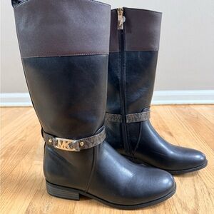 Michael Kors Black and Brown Riding Boots with Gold Logo NWOT
